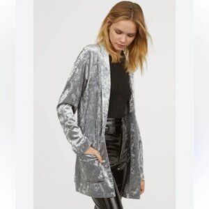 Amaryllis‎ Womens Long Gray Velvet Cardigan With Open Front & Pockets